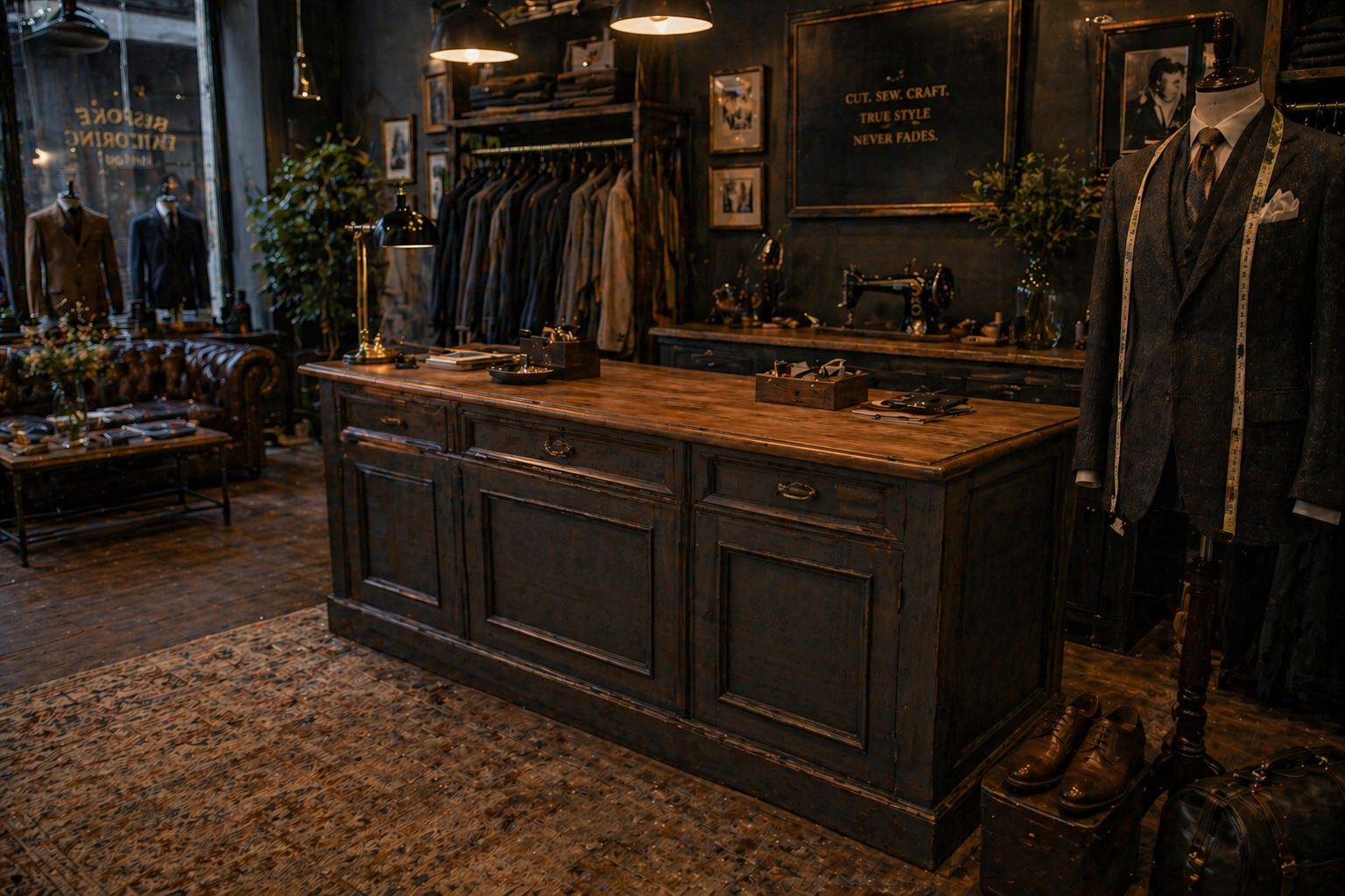 Wooden shop counter in a florist setting