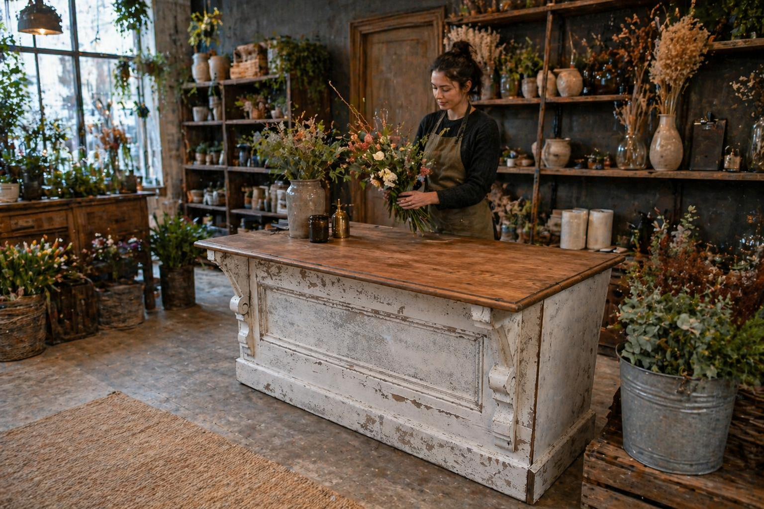 Wooden shop counter in a florist setting